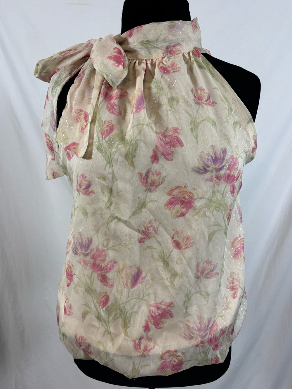 Floral Iridescent Halter Blouse Bow Neck Coquette Fairycore Cottagecore L